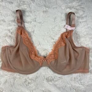 Victoria's Secret Tease Unlined Demi Bra Nude Sheer Mesh Salmon Lace 34B NWT